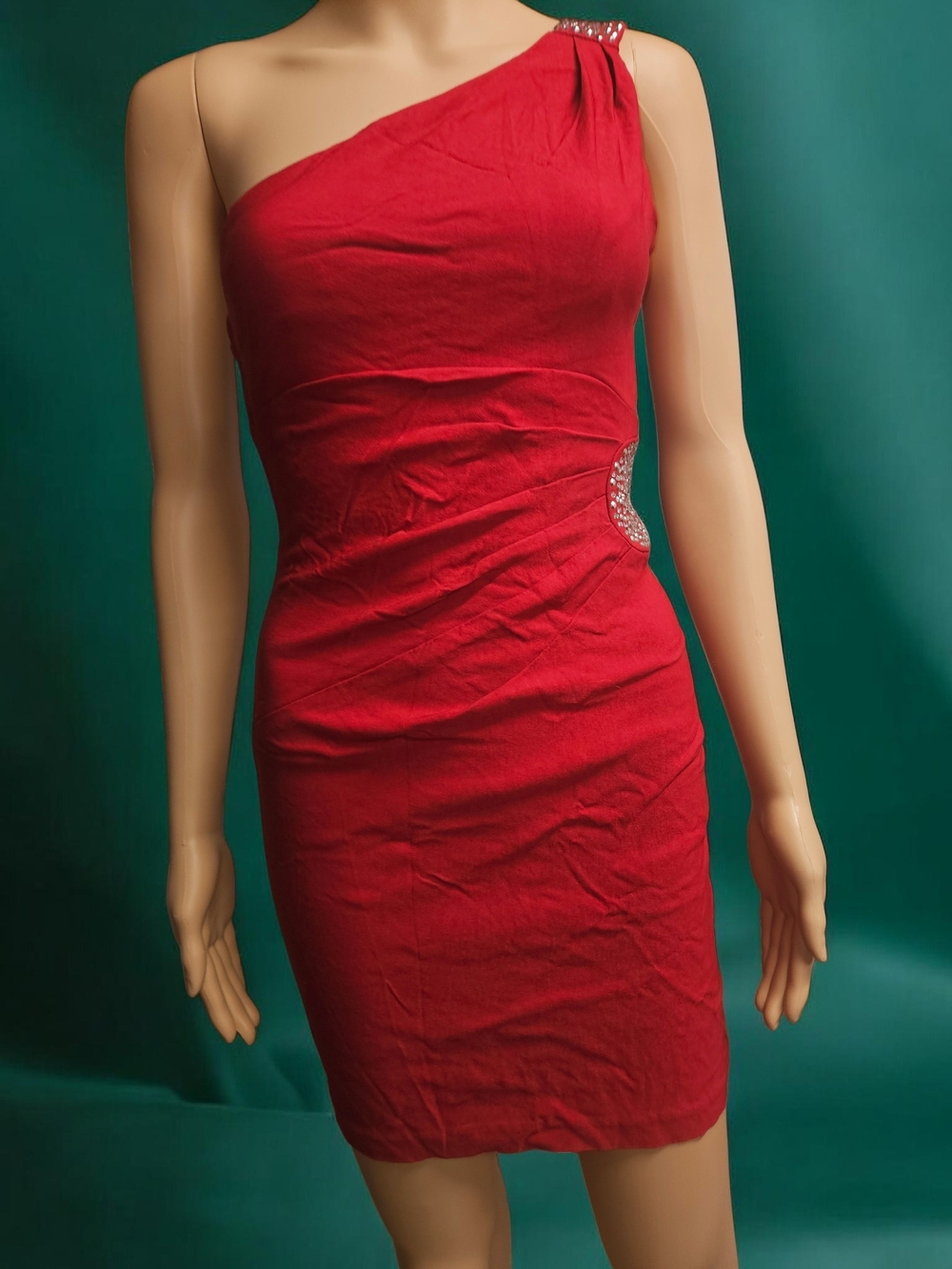 One-Shoulder Red Cocktail Dress with Side Embellishment